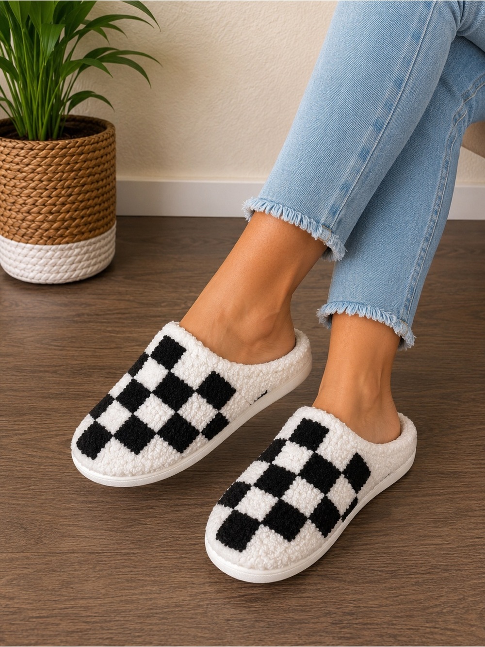 Black & White Checkered Fuzzy Slippers Cozy Mule Shoes Size 41-42 NWOT